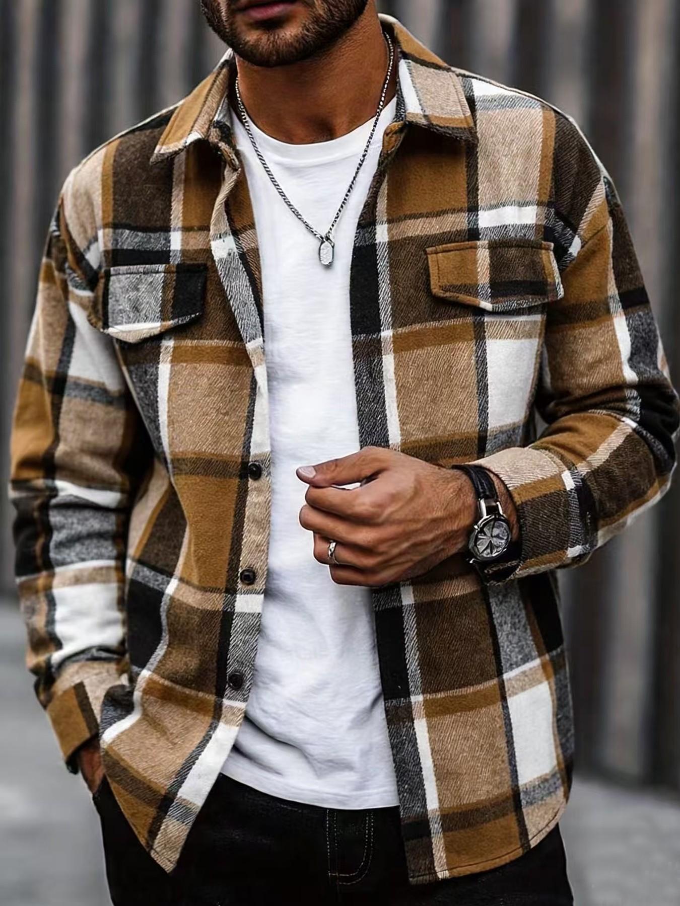Flannel Shirt Lined - レトロチェック柄シャツメンズカジュアルエレガントボタンアップ長袖シャツジャケット春秋ビジネス用