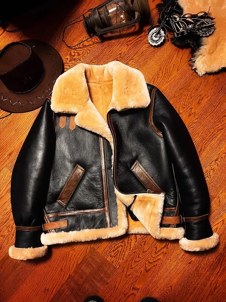 Down Jacket Packable - Lny-男性用のクラシックなエアフォースb3ファージャケット,豪華な厚いウール,暖かいシアーリングコート,本物の天然毛皮,革の生地