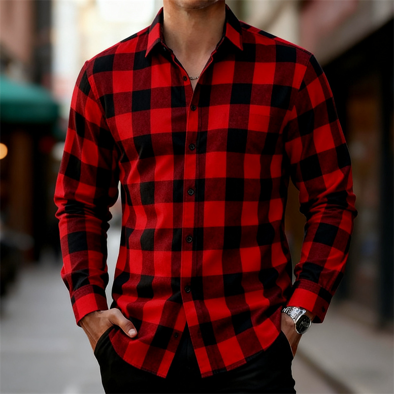 Flannel Shirt Lined - メンズ クラシック レッド＆ブラック チェック柄 長袖シャツ、複数カラー展開、カジュアル レトロ