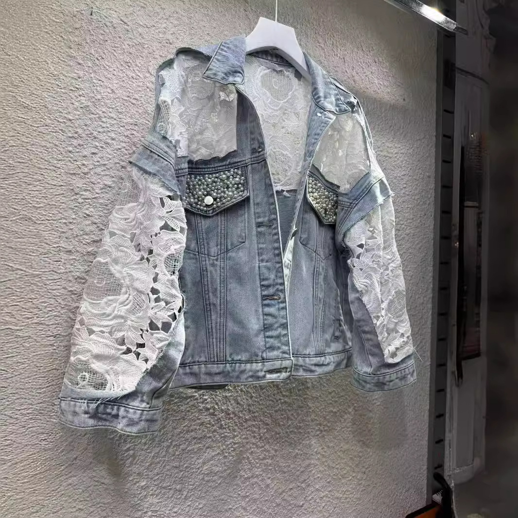 Down Jacket Packable - 女性のスプライス刺繍ジャケット,襟を折りたたんだ服,真珠,色あせたデニムコート,シングルブレスト,ゆったりとしたアウター,ベーシックカーディガン