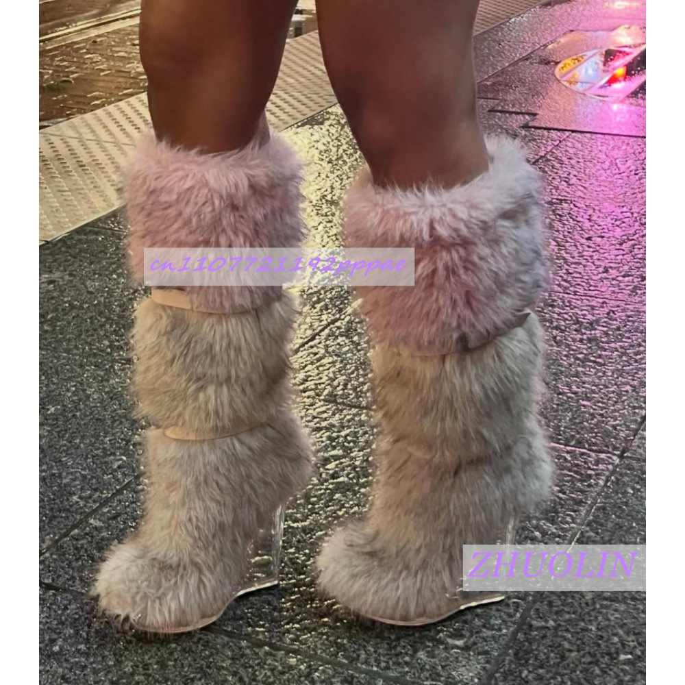 冬のグラデーション毛皮のような透明ウェッジブーツ女性の甘いベ - Waterproof Winter Boot のレビューと価格