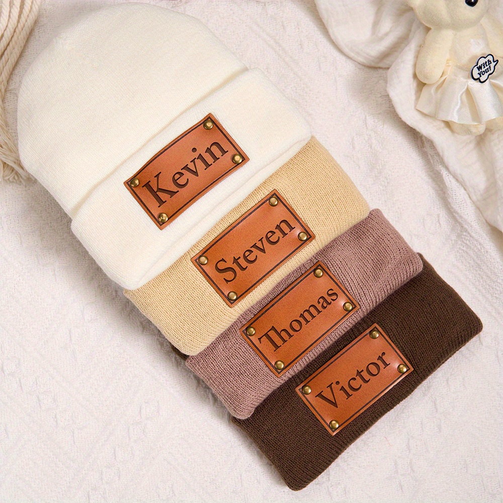 カスタムレザーパッチ付きニット帽、名前入り、カスタム刻印タグ - Knit Beanie Hat Warm のレビューと価格