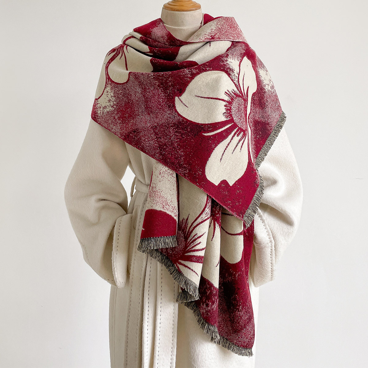 女性用イミテーションカシミヤスカーフ フリンジ付き 厚手 暖 - Cashmere Pashmina Wrap のレビューと価格