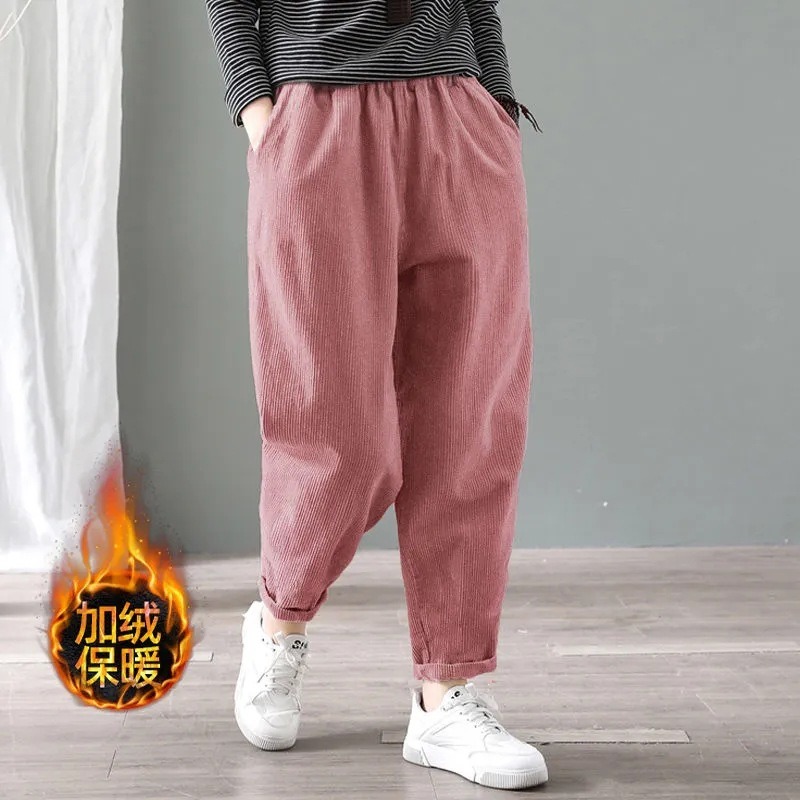 女性用コーデュロイハーレムパンツ、伸縮性ウエスト、フリース裏 - Corduroy Pant Warm のレビューと価格
