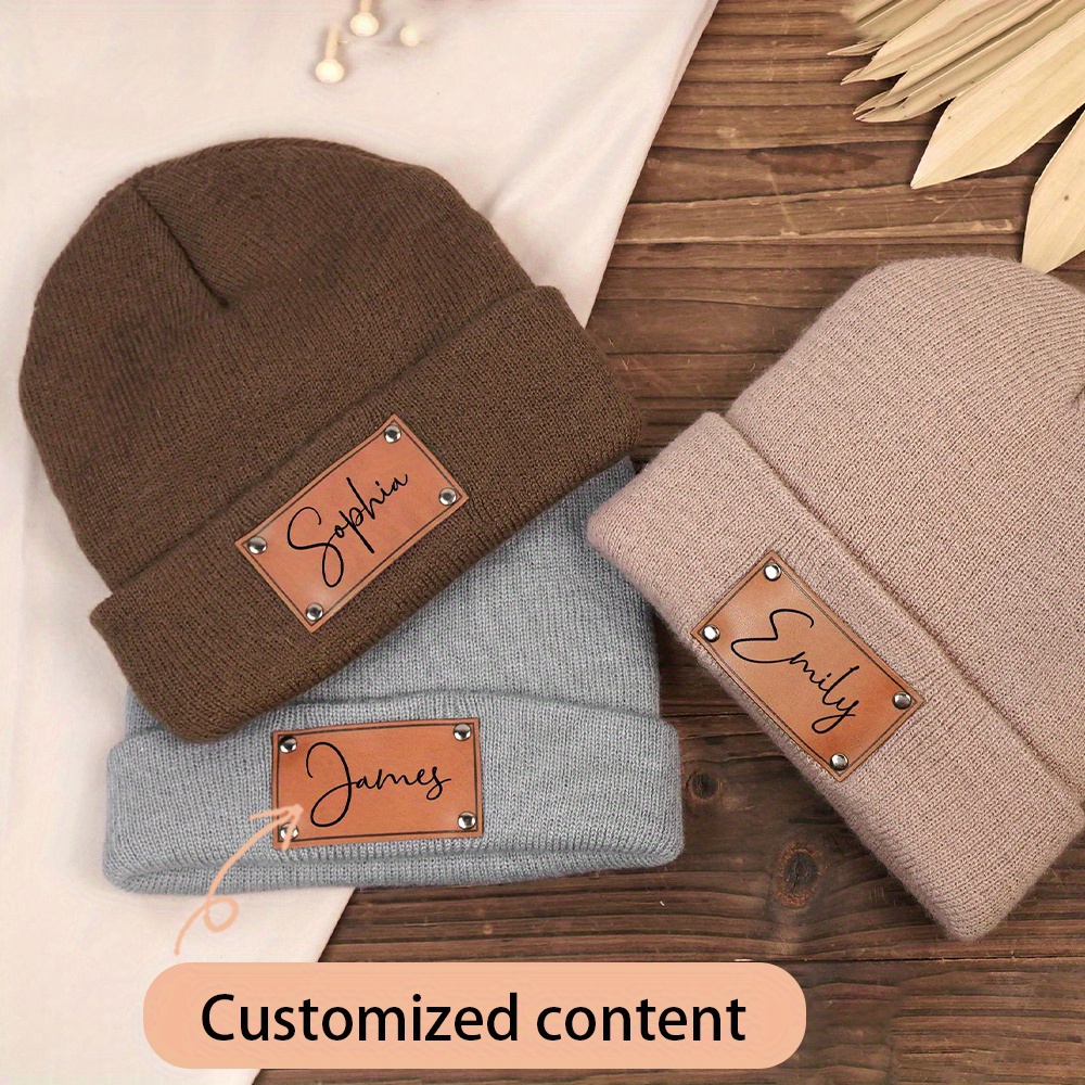 カスタム名入りレザーラベル付きニット帽。柔らかく暖かい、袖付 - Knit Beanie Hat Warm のレビューと価格